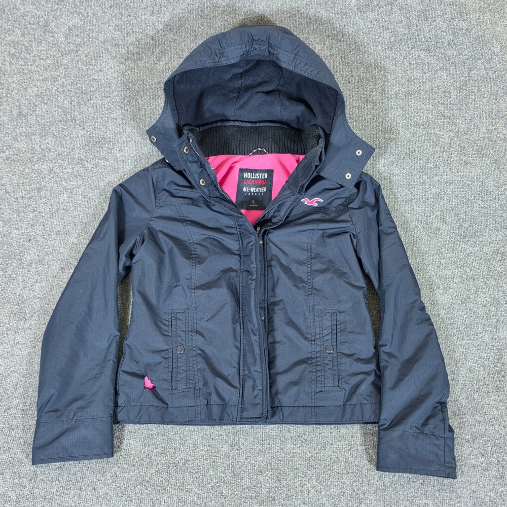 2000s Hollister California All-Weather Jacket Navy Blue Pink Fleece Lined Large
